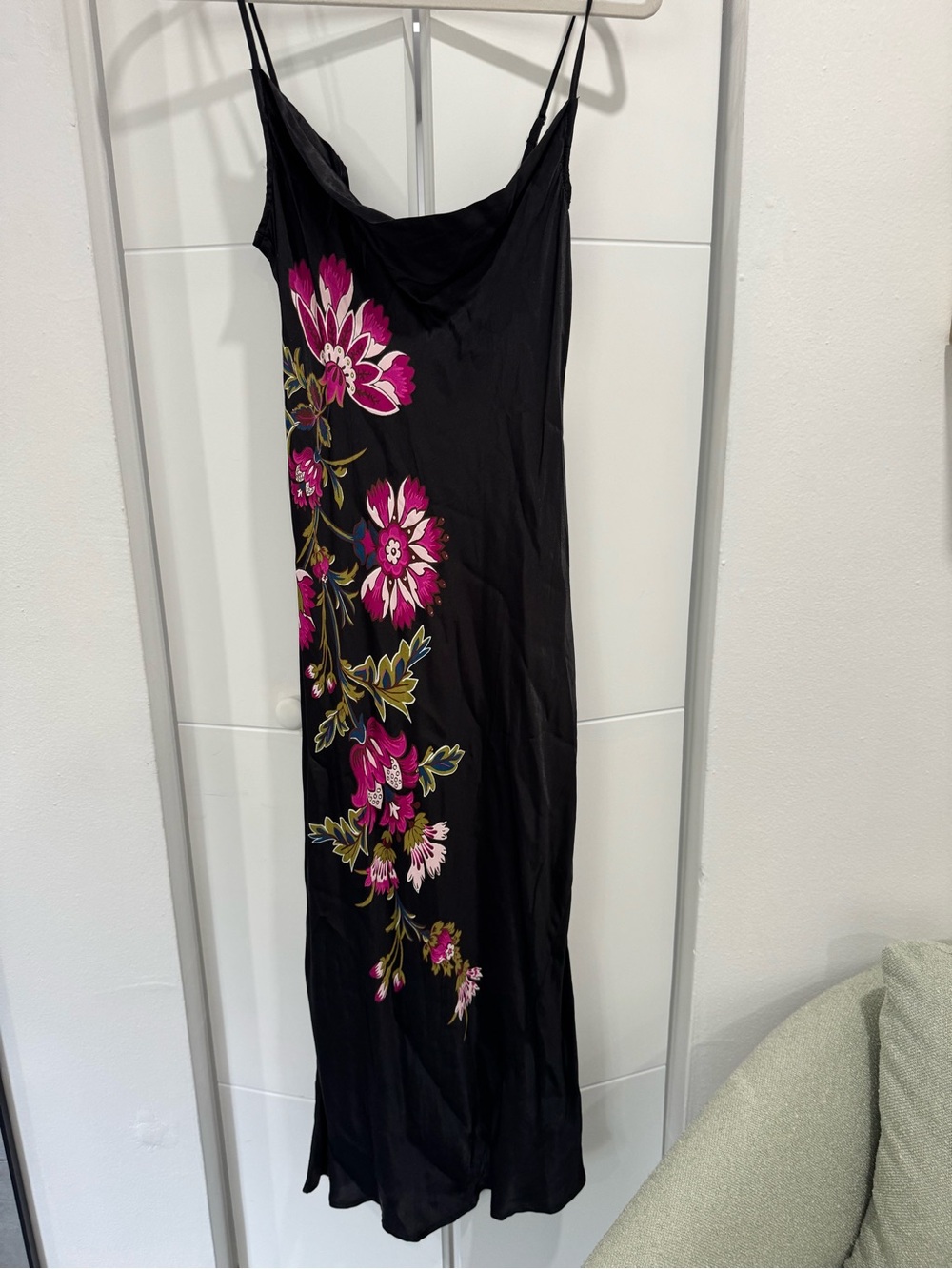 Anthropologie Black Slip Midi Dress with Pink Floral Cascade